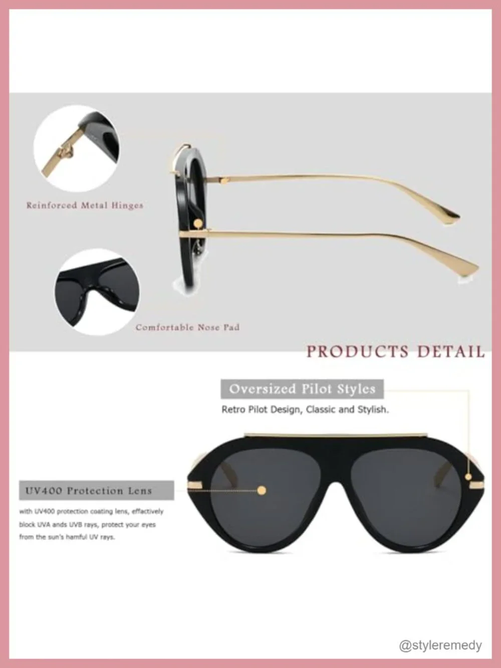 Oversized Pilot Sunglasses Retro 70s Flat Top UV400 Protection